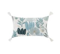 Coussin en coton et lin imprimé bleu canard, bleu vert et bleu gris avec pompons écrus 30x50 50x30cm Blanc
