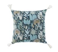 Coussin en coton et lin imprimé bleu canard, bleu vert et bleu gris avec pompons écrus 45x45 45x45cm Multicolore