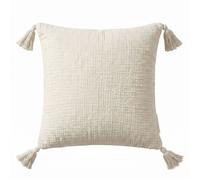 HOMESCAPES Coussin en Gaze de Coton 45 x 45 cm avec Pompons, Coussin décoratif 100% Coton déhoussable avec garnissage Polyester pour canapé, lit et Fauteuil - Ecru