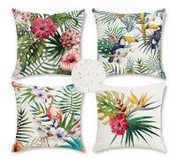 Coussin Exterieur Impermeable Canape Housse de Coussin Feuilles Tropicales 45 x 45 cm Feuille Brun Vert Lin Décoratif Taie d'oreiller pour Canapé Maison Jardin Extérieur Été Décoration 4 Pièces