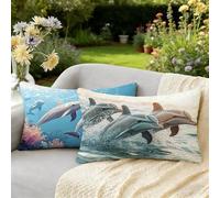 Coussin Exterieur Impermeable Housse Coussin Impermeable Lin Taie Oreiller, Housses de Coussins Rectangulaire 50 x 70 Lot de 2 Dauphin, pour Canapé, Chambre, Décoration, Cadeaux Femmes Animal W-1