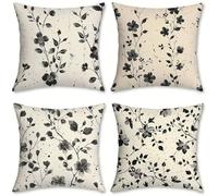 Coussin Exterieur Impermeable Lin Housse Coussin 55x55 Lot de 4 Plante Taie d'oreiller Décoratives, Coussins de Jardin, pour Chambre Salon Jardin Balcon Fauteuil Camping, Deco D'été, Noir, o-879