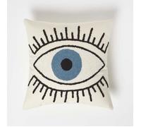 Coussin - HOMESCAPES - Oeil bleu - 45 x 45 cm - Déhoussable - Coton naturel