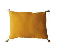 Coussin rectangulaire Panama avec 4 pompons en jute - 70 cm x 50 cm - Jaune moutarde
