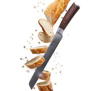 Couteau à pain damas avec lame dentelée - Couteau de cuisine professionnel en acier 67 couches et manche en bois de pakka (23 cm)