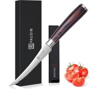 Couteau à tomates de 13 cm, couteau de cuisine pour les fruits et légumes tendres, lame dentée, acier inoxydable, manche en bois