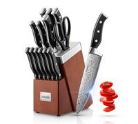 Couteau Cuisine, FOHERE 14 Pièces Bloc de Couteaux avec Affûteur Intégré, Set Couteau Cuisine en Acier Inoxydable, Bloc Brun Rougeâtre en Bois