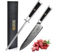 Couteau de chef de luxe 20cm avec aiguiseur de couteau avec diamant, en acier damassé, couteau universel, dans une boîte cadeau | YD201-22