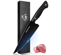Couteau de cuisine en acier inoxydable, revêtement en titane noir, manche ergonomique en bois, tranchant