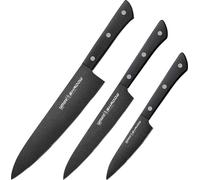 Couteau de cuisine Samura Shadow pour débutants, set de 3 couteaux avec couteau universel 15 cm, couteau à légumes 9 cm et couteau de chef 21 cm. Fabriqué en acier japonais véritable avec revêtement a