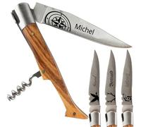 Couteau de poche personnalisé - Tire bouchon, manche en frêne et gravure sur lame - Cadeau personnalisé homme fête des pères, anniversaire ou Noel