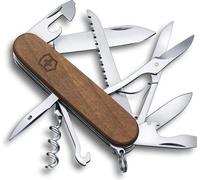 Couteau multifonctions à manche en bois (13 fonctions : grande lame, scie, tire-bouchon, tournevis) - Support en bois - Plein air, camping, bois, grand format
