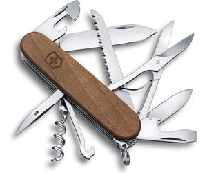 Couteau multifonctions à manche en bois (13 fonctions : grande lame, scie, tire-bouchon, tournevis) - Support en bois - Plein air, camping, bois, grand format