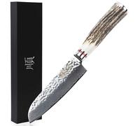 Couteau Santoku de 12 cm, en acier damasquiné, avec finition "Tsuchime" et manche en corne