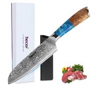 Couteau Santoku, lame de 18 cm en acier damas VG10, finition bleu océan, manche en résine/bois naturel, protège-lame