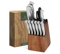 Couteaux de cuisine - Bloc à couteaux - 11 pièces - Bois d'acacia - Aiguiseur intégré - Poignées en inox
