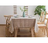 CoutureBridal Beige Nappe Rectangulaire 90x140cm Coton et Lin Nappe de Jardin Pompon Décoration de Table Nappe à Carreaux Imperméable Nappe Cuisine Picnic Partie - Faite à la Main