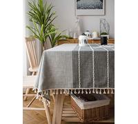 CoutureBridal Grise Nappe Rectangulaire 110x170cm Coton et Lin Nappe de Jardin Pompon Décoration Imperméable Nappe Anti Tache Nappe Cuisine Picnic Partie - Faite à la Main