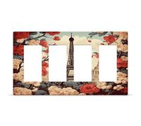 Couvercle de sortie floral vintage Paris - Plaque murale à 4 interrupteurs - Plaque frontale cachée - Plaque frontale en thermoplastique - Décoration de prise de courant - Dimensions : 21 x 12 cm