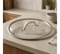 Couvercle en verre ergonomique pour poignée - 24 cm - Protection contre les | Verre trempé, bord en acier inoxydable 304, passe au lave-vaisselle, durable pour un usage quotidien
