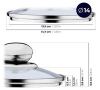 Couvercle en verre résistant à la chaleur, diamètre 14 cm, poignée en acier inoxydable, de sécurité CE, système de ventilation efficace, adapté aux casseroles et aux poêles