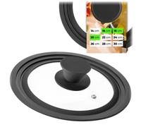 Couvercle multifonctionnel – couvercle pour casserole et poêle – verre trempé – bord en silicone – valve de vapeur – poignée plate noire – disponible en 16/18/20 cm – vendu à l'unité