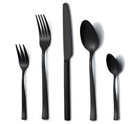 Couverts de table noir, Hunnycook couverts de table 6 personnes, 30 pièces en acier inoxydable noir, couvert noir mat avec fourchettes cuillères couteaux, poli miroir, lavable au lave-vaisselle.