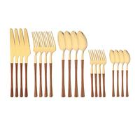 Couverts Ensembles Couteau Fourchette Cuillère À Café En Acier Inoxydable Vaisselle Imitation Manche En Bois Couverts De Cuisine Marron Or 20 Pièces