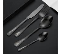 Couverts gravés personnalisés, ensemble de vaisselle personnalisé avec boîte-cadeau, lettrage personnalisé nom fourchette/couteau/cuillère couverts en acier inoxydable (noir)