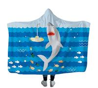 Couverture à Capuche Cartoon pour Enfants Pelle Rétrocaveuse Requin Sous-marin Rayures Bleues Couverture D'hiver Chaude Couvre-lit Jet de Canapé (Requin, 150 * 200CM)