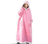 Couverture à capuche extra longue surdimensionnée en Sherpa pour homme et femme, couverture à capuche portable avec manches et poche géante (rose, 120 cm de long)