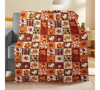 Couverture de jet en flanelle à carreaux patchwork d'Halloween - Gnome, dinde, citrouille, feuille d'érable, couverture de sieste chaude - Douce, chaude. Convient pour le canapé, la maison, le bureau