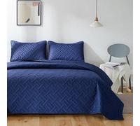 Couverture de lit Unyqoos® 240x260 cm – Housse de lit d'hôtel 100% microfibre polyester, bleu marine, coutures ultrasoniques, motif tressé, inclut 2 housses de coussin de 50x75 cm