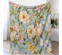 Couverture de Peinture à l'huile 180 x 200 cm, Couverture en Flanelle de Vintage Victorien Fleurs Campagne Moelleuse et Confortable, pour Garçons et Filles, pour TV (Bleu Clair)