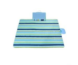 Couverture de pique-nique imperméable pliable 200 x 145 cm avec dessous en PVC antidérapant et bords renforcés, facile à nettoyer, pour le camping, la plage et les festivals (rayures bleues)