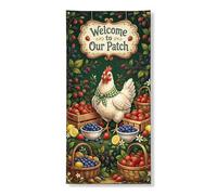 Couverture de porte de bienvenue de ferme - Bannière décorative rustique - Motif poule et baies - Décoration de jardin printanière à suspendre - Fournitures de festival - 91,4 x 183
