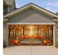 Couverture de porte de garage citrouilles rustiques en bois naturel - Motif feuilles d'automne - Orange - Décoration d'intérieur pour jardin, extérieur et intérieur - 400 x 180 cm