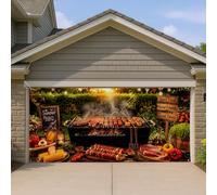 Couverture de porte de garage pour barbecue d'été, décoration de grillades rustiques, arrière-plan coloré pour événements en plein air, décorations d'été saisonnières, 397 x 180 cm