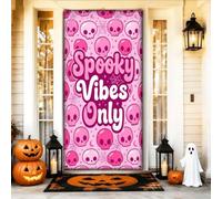Couverture de porte décorative en forme de tête de mort - Texte fantaisie et ludique - Toile d'araignée d'Halloween - Avec corde - Bannière de porte d'entrée - Décoration d'intérieur et d'extérieur