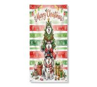 Couverture de porte extérieure de Noël étrange chien husky de 91,4 x 183 cm, bannière de Noël amusante rouge et vert pour porte d'entrée, décoration de porche d'intérieur