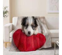 Couverture douce à motif Photographie Simple 100 x 130 cm | Couverture en flanelle, imprimé Chiot Tacheté Coussin Cœur Amour Animal, plaid chaud pour canapé, lit et voyage, Ivoire