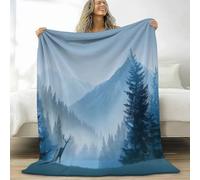 Couverture Douce Flanelle Polaire Scène D'Hiver Montagnes Conifères Cerfs Canapé Couverture Lit, Bleu Chaud en Hiver Couvertures Convient 180 x 200 cm Adultes et Enfants Convient à Toutes Les Saisons