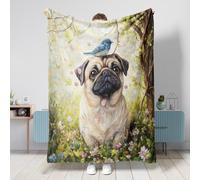 Couverture en flanelle chaude, douce et confortable pour chambre à coucher, camping, voyage, animal domestique, canapé et canapé - 152,4 x 203,2 cm, motif carlin au printemps, forêt bleu