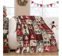 Couverture en flanelle de Noël douce et chaude 100x150 cm-Design Père Noël, renne et carreaux rétro-Plaid décoratif et confortable