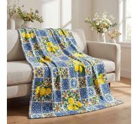 Couverture en flanelle de printemps et d'été, couverture douce et confortable en laine avec motif vintage de citron et feuille de jasmin bleu et jaune, convient pour le canapé, le lit, la détente, cad