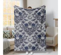 Couverture en flanelle douce et légère pour Halloween, motif tête de mort, gothique, vintage, fleur, papillon, bleu marine, décoration pour canapé, lit, voiture, chaise, bureau, 101,6 x 127 cm