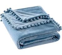 Couverture en polaire avec pompons - 150 x 200 cm - Bleue - Microfibre douce et respectueuse de la peau, pour une relaxation ultime