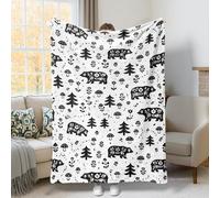 Couverture en polaire douce et confortable, motif ours rustique, arbre et fleurs d'automne pour canapé, lit, chaise de bureau, inclinable, 127 x 152 cm, noir
