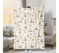 Couverture en polaire douce et confortable pour canapé, lit, chaise, bureau, 101,6 x 152,4 cm, motif bateau à voile, phare nautique côtier, mouette côtière, beige