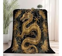 Couverture en Polaire pour d'enfant Motif Dragon d'or Chinois Traditionnel pour canapé Imprimé à Noir, Couverture légère et pelucheuse pour décoration de Chambre à Coucher 220 x 260 cm